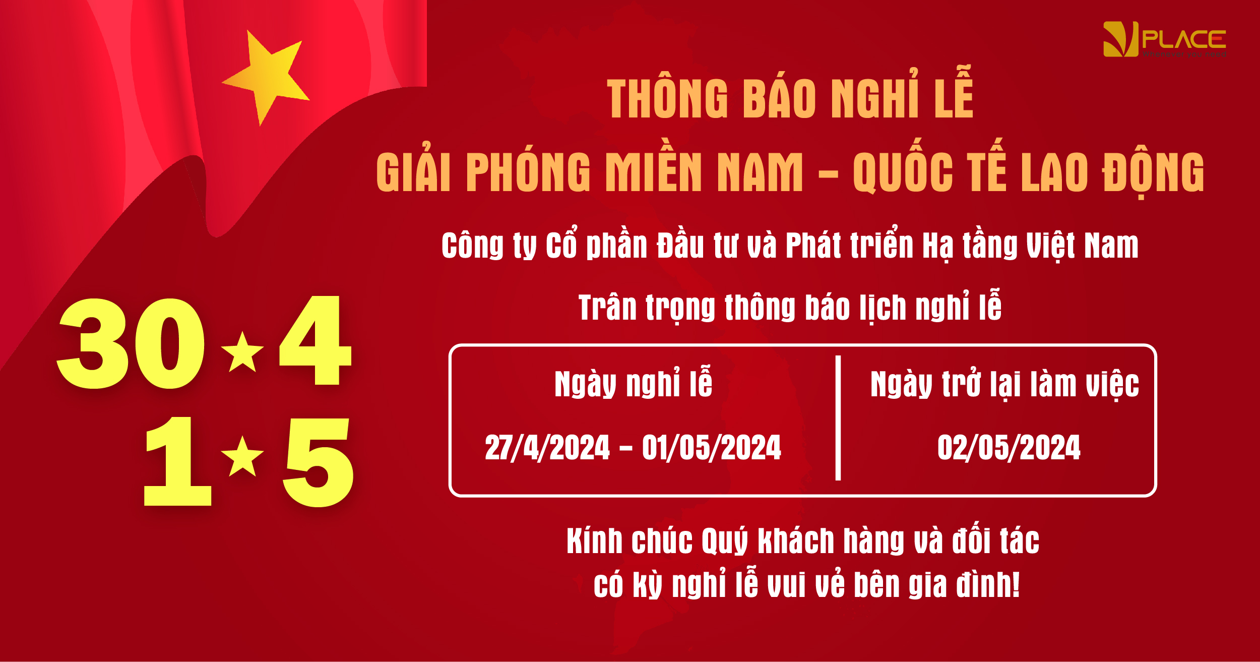 Vplace thông báo lịch nghỉ lễ 30/4 và 01/5/2024 1 thong bao lich nghi le 30.4 2024 01 1