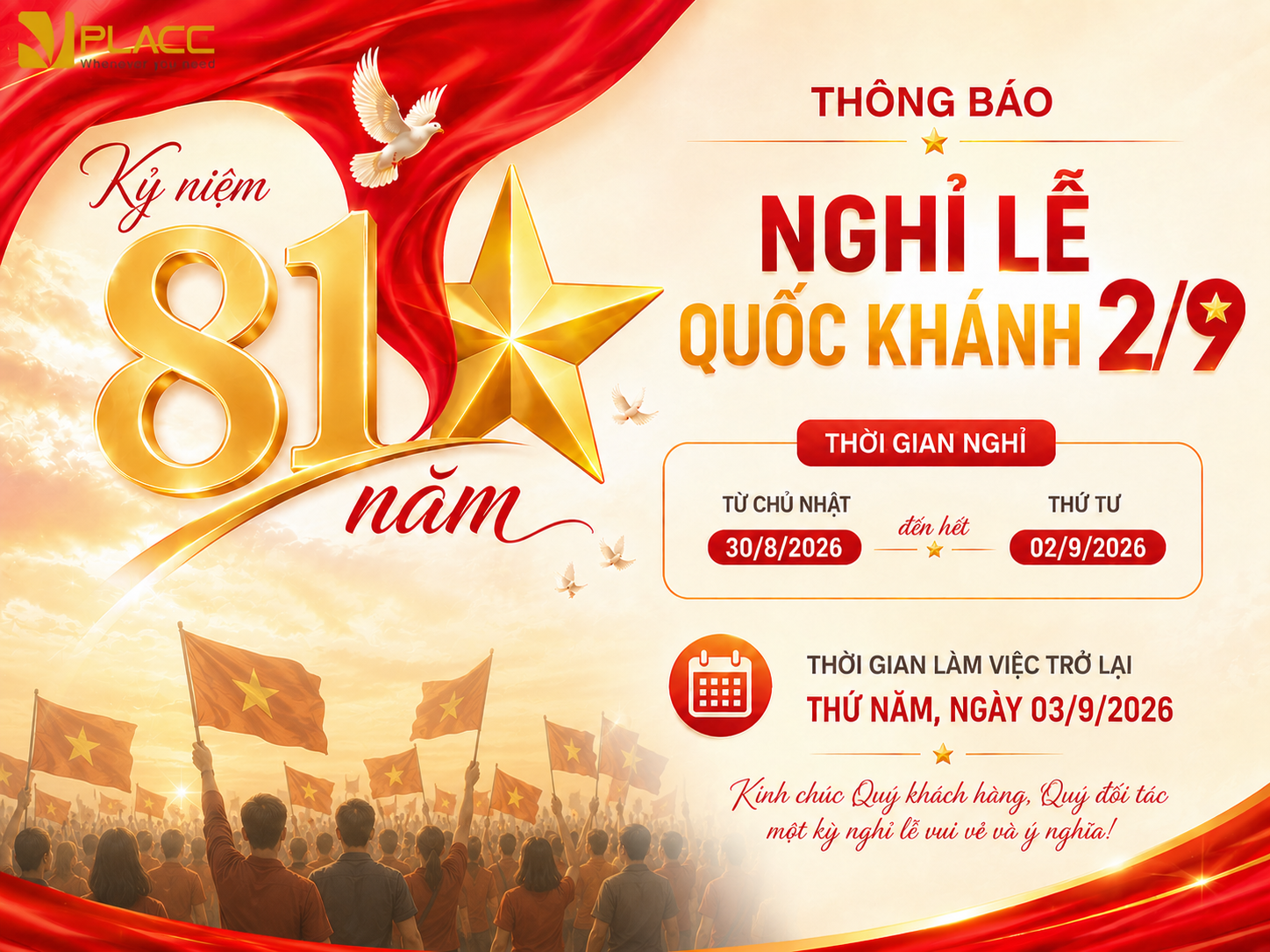 THÔNG BÁO NGHỈ LỄ QUỐC KHÁNH 2/9/2026